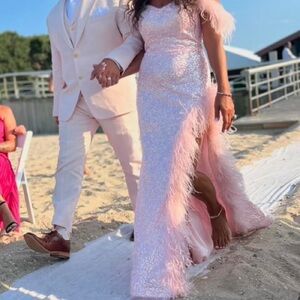 Alyce Paris 61371 Lace-Up Back Feather Dress chalk pink.